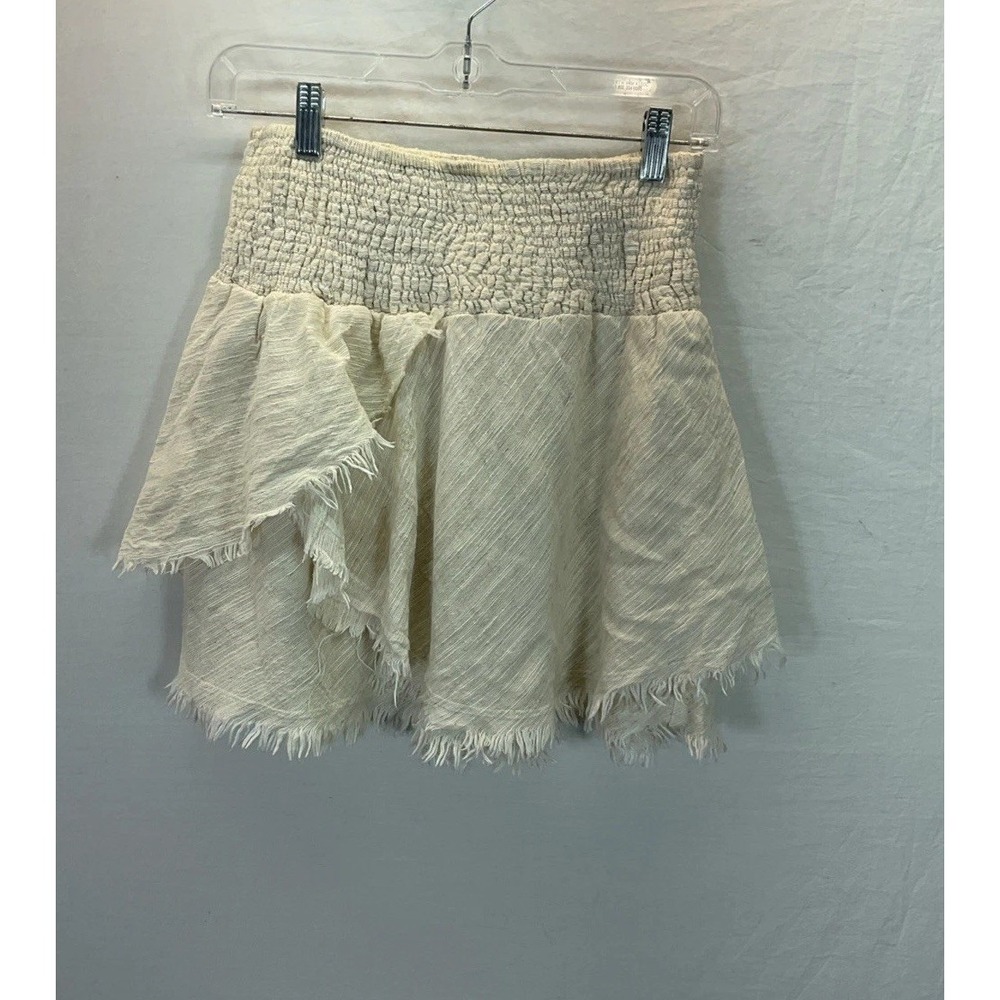 Pearl & Caviar Frayed Cotton Tiered Mini Skirt Beige Boho Sz S Resort Luxury